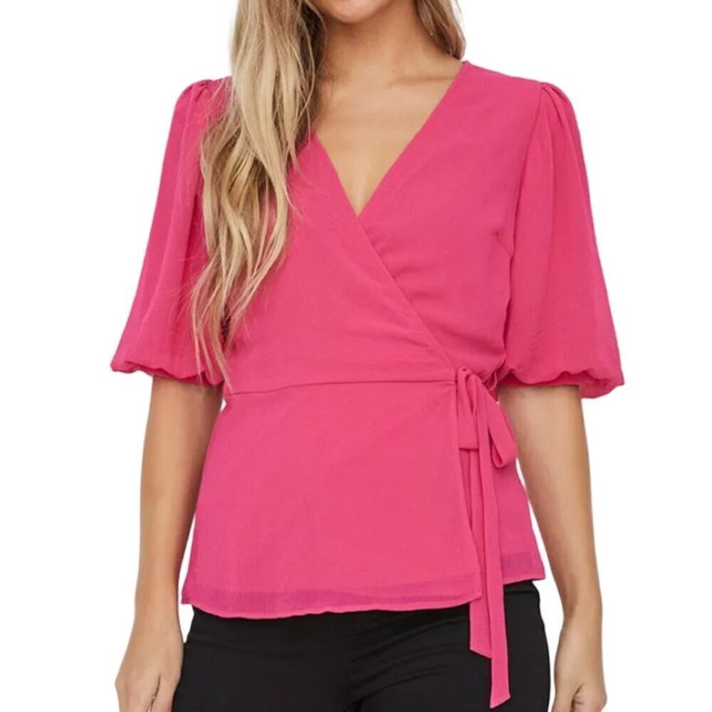 Vero Moda V-Neck True Wrap Blouse Top in Hot Pink Size Small Career
